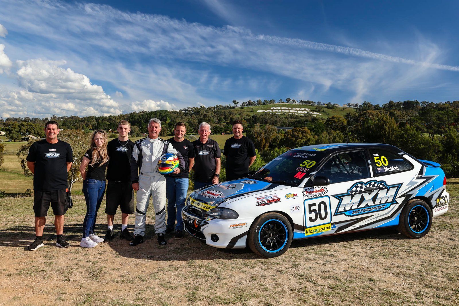 The crew at Mount Panorama, left to right: Greg, Katy, John Jr, Ian, Darryl, John Snr and Shane